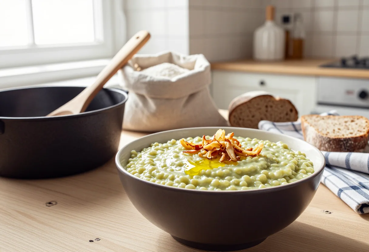 Гороховый кисель с жареным луком и маслом