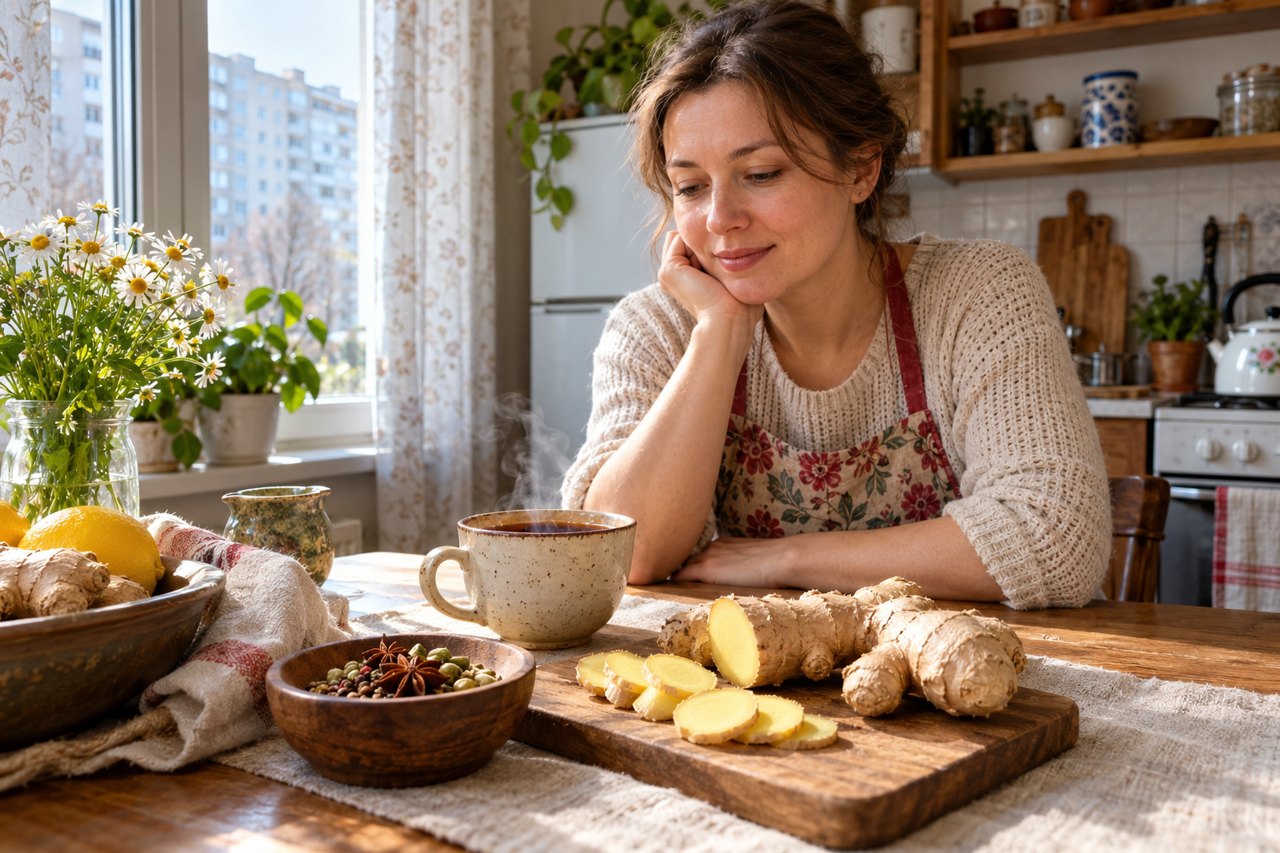 Домашний повар у стола с имбирём